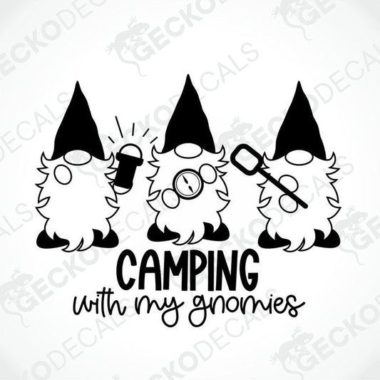 Black die-cut camping decal with three cartoon gnomes holding flashlight compass and shovel