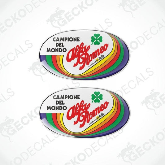 Two colorful vinyl decals with 'CAMPIONE DEL MONDO ALFA ROMEO' text and a racing flag pattern.