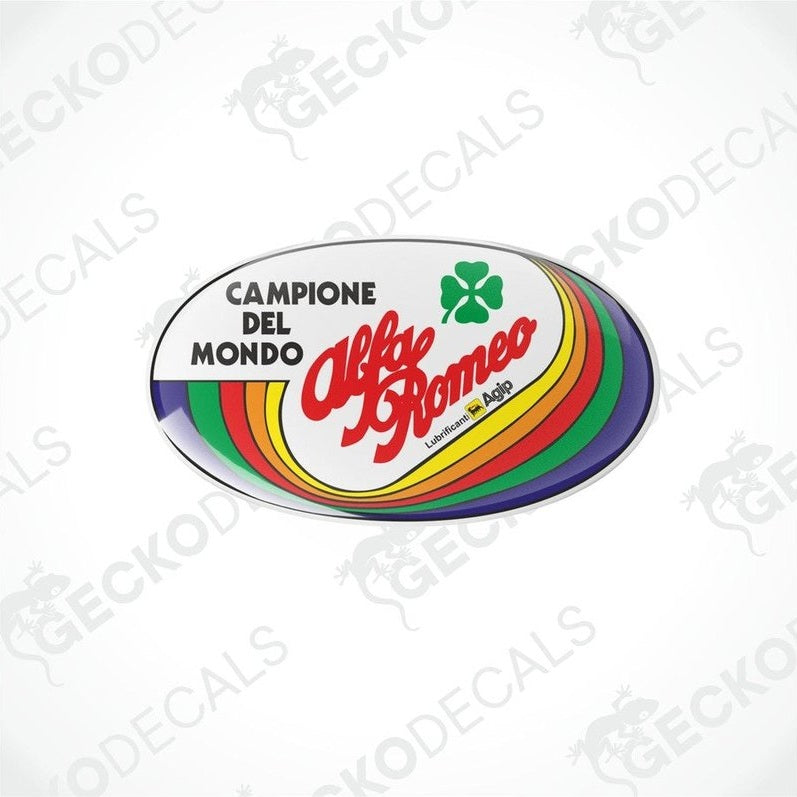 Vinyl decals with 'CAMPIONE DEL MONDO ALFA ROMEO' text and a racing flag pattern.