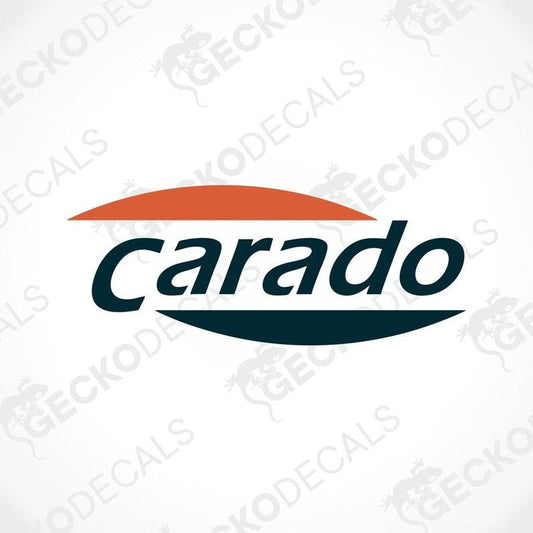 A die cut sticker with the brand name CARADO, featuring orange, white, and blue colors.