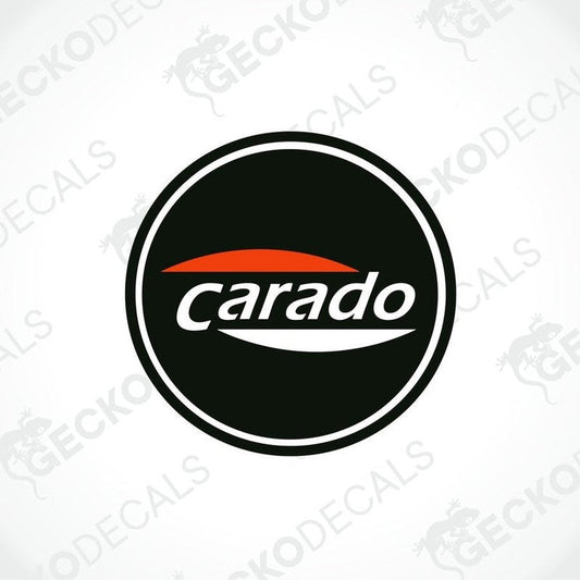 A circular black, white, and red Carado brand sticker.