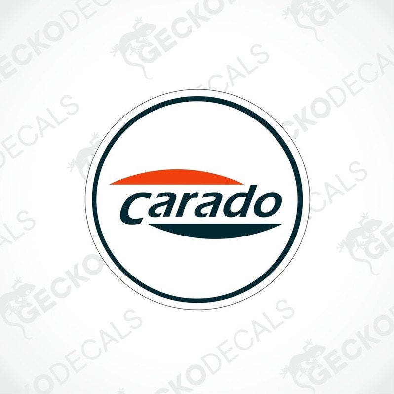 A circular sticker with the 'Carado' logo printed in orange and white colors.
