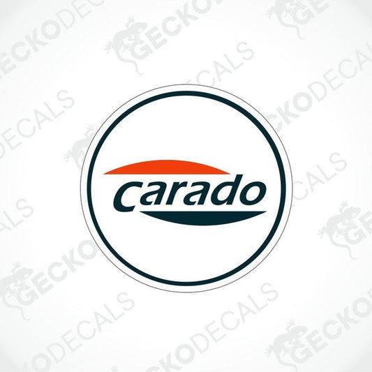 A circular sticker with the 'Carado' logo printed in orange and white colors.
