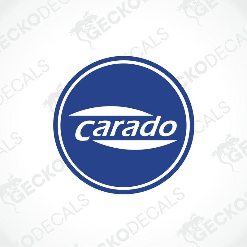 A round blue and white sticker with the 'carado' brand logo printed in the center.