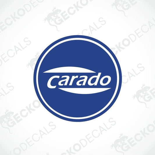 A round blue and white sticker with the 'carado' brand logo printed in the center.