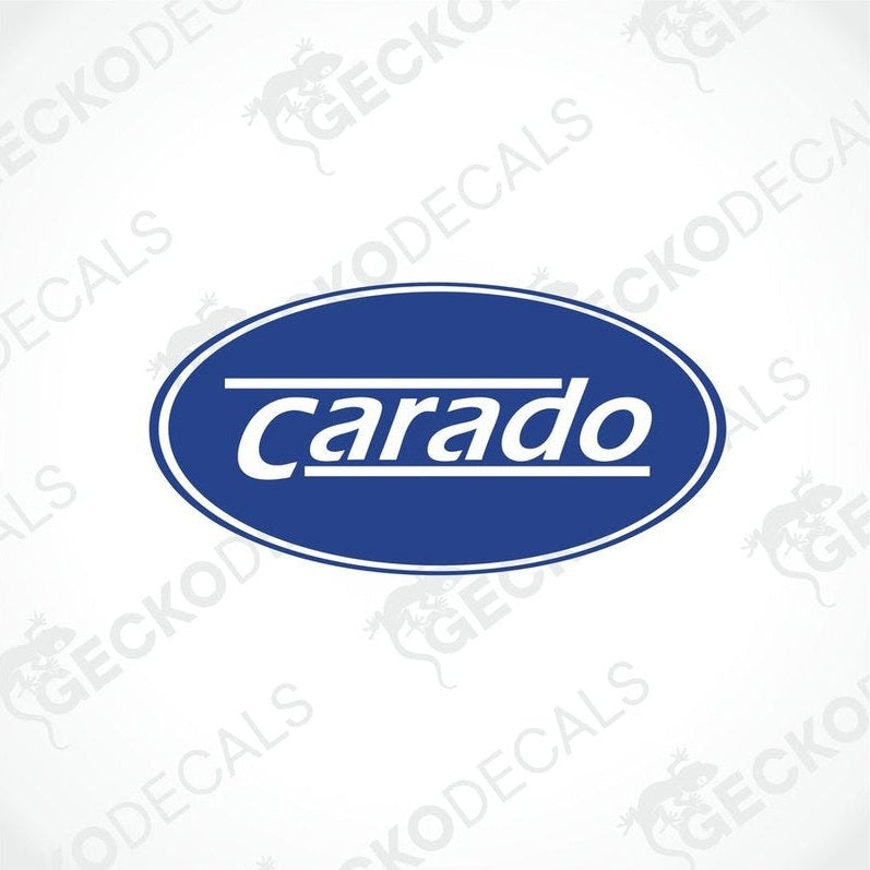 A blue and white oval-shaped sticker with the 'Carado' brand name displayed prominently in the center.