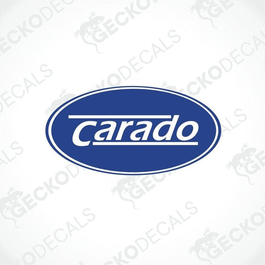 A blue and white oval-shaped sticker with the 'Carado' brand name displayed prominently in the center.