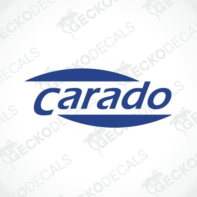 A blue and white die cut sticker with the brand name CARADO printed on it.