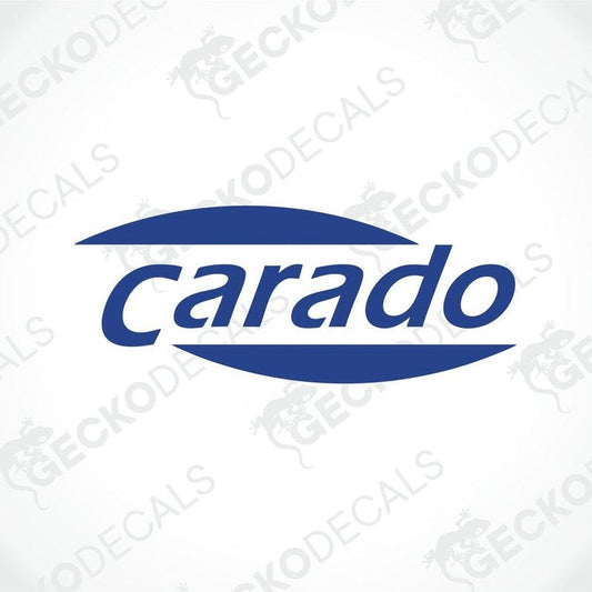 A blue and white die cut sticker with the brand name CARADO printed on it.