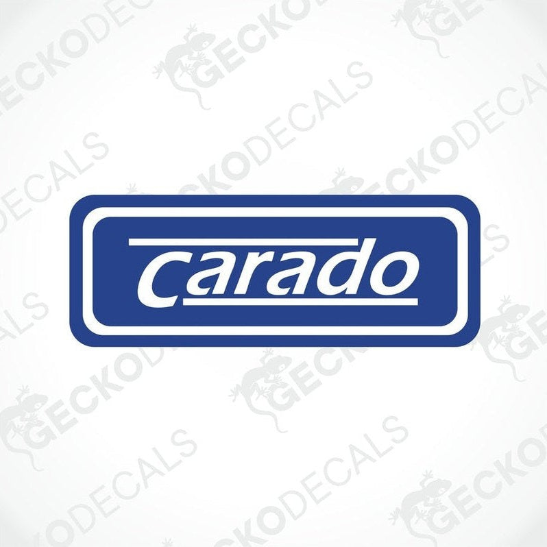 A printed and laminated sticker with the brand name 'carado' in white text on a blue background, bordered by a white frame.