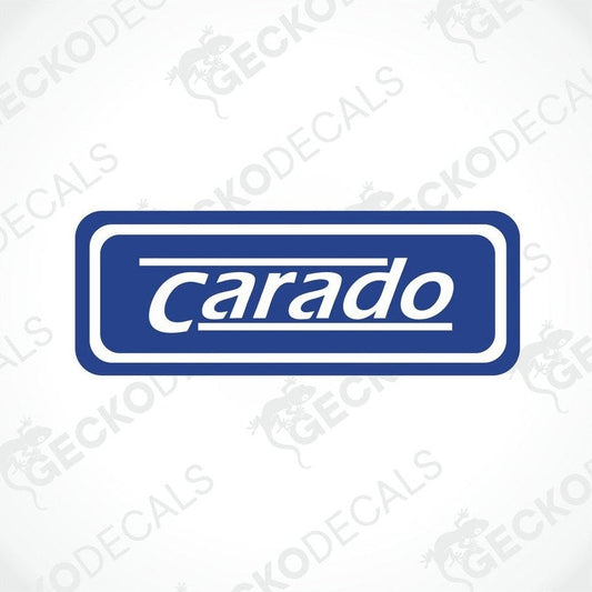 A printed and laminated sticker with the brand name 'carado' in white text on a blue background, bordered by a white frame.