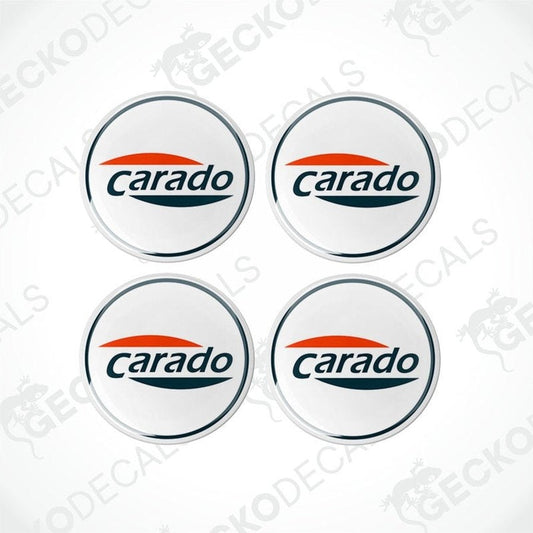 A set of four white vinyl decals with the 'CARADO' brand logo in orange and blue.