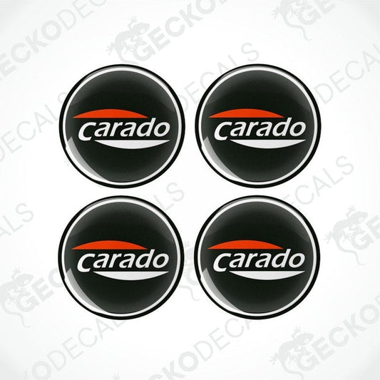 A set of four round black, red, and white Carado branded epoxy decals.