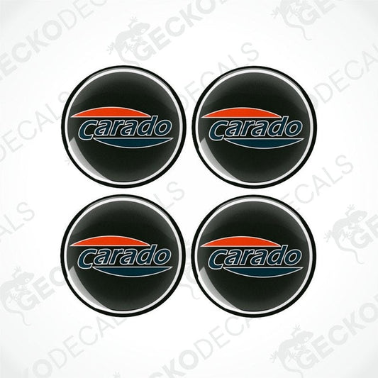 A set of four round black vinyl decals with the 'carado' brand name and red and orange accents.