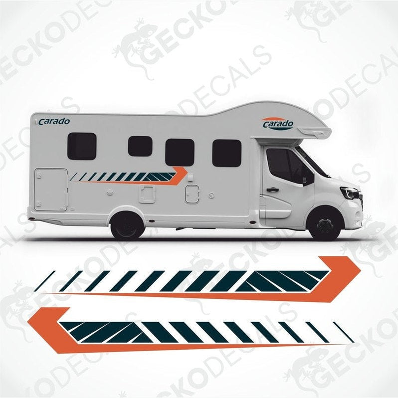 A set of decals for a Carado caravan, including side stripes and logos.