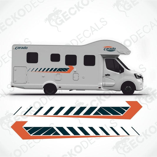 A set of decals for a Carado caravan, including side stripes and logos.