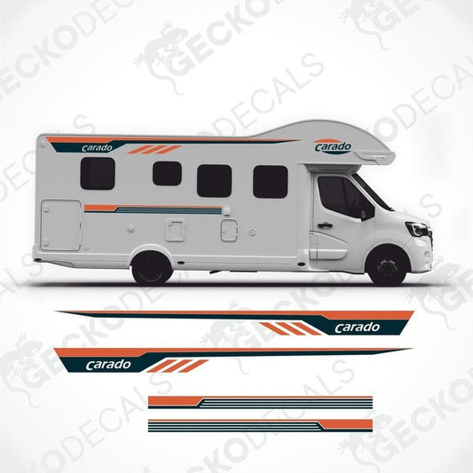 A set of decals for a Carado caravan, including side stripes and logos, displayed on a white background.