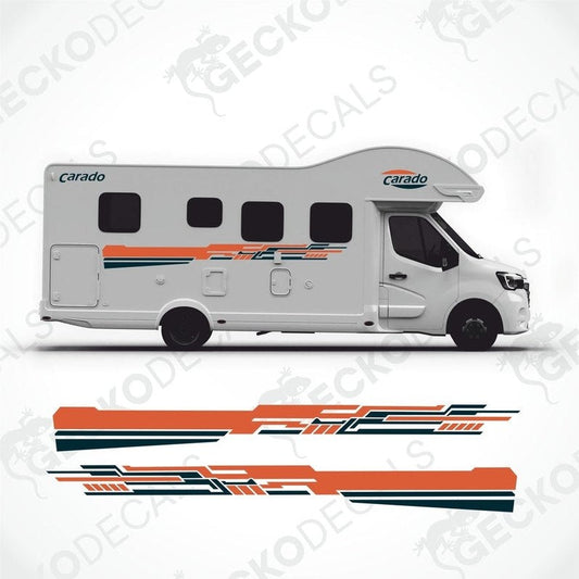 A set of decals for a Carado caravan, including stripes and logos in orange, black, and white.