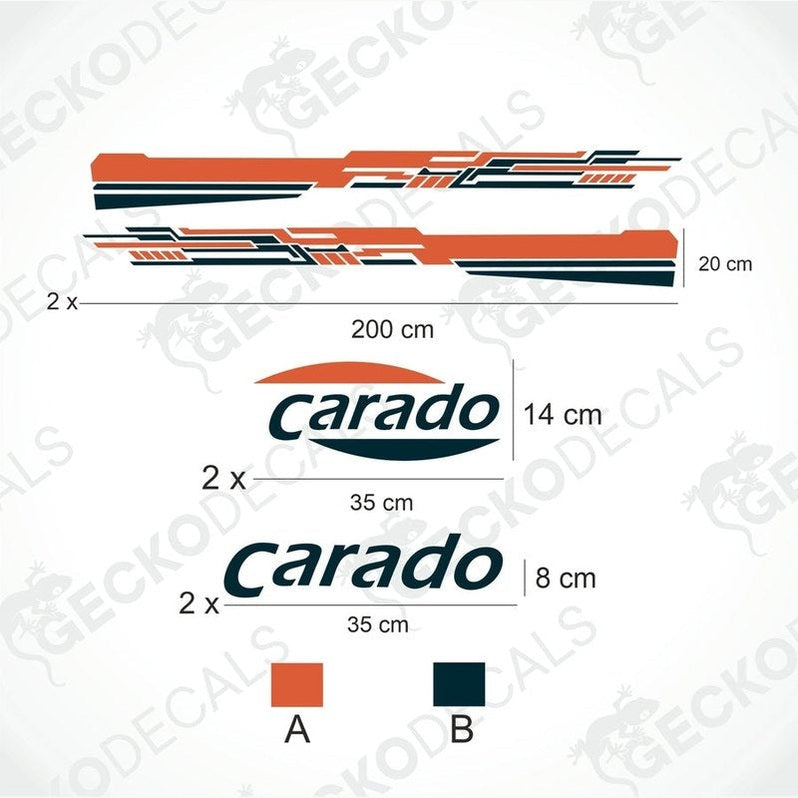 A set of decals for a Carado caravan, including stripes and logos in orange, black, and white.