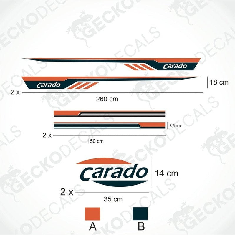 A set of decals for a Carado caravan, including side stripes and logos, displayed on a white background.