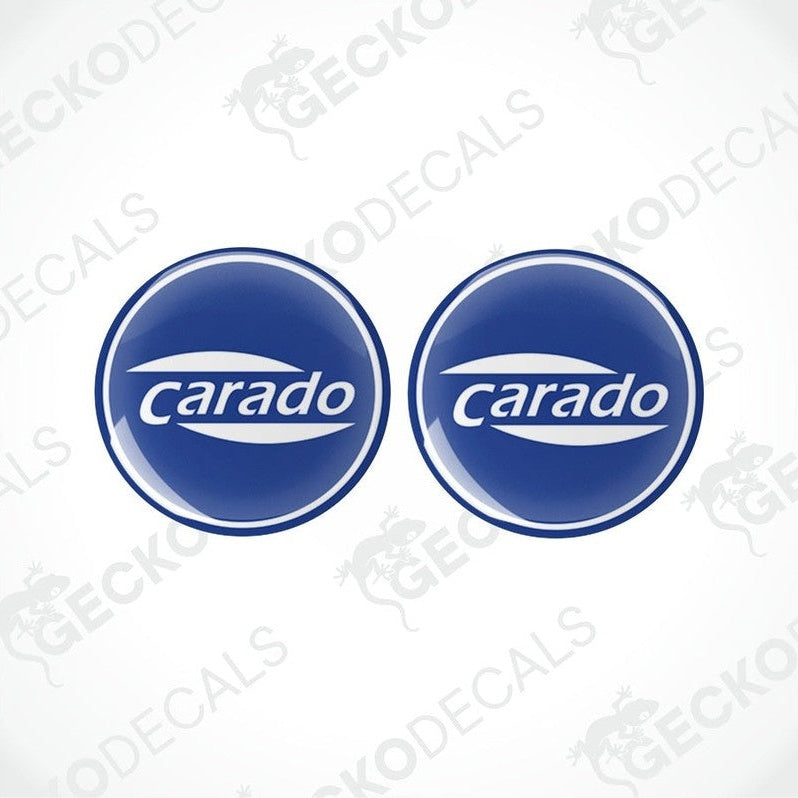 Two blue vinyl stickers with the Carado brand logo on them.