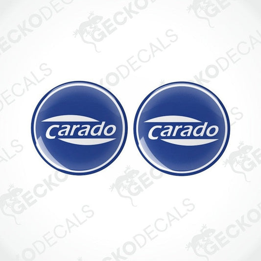 Two blue vinyl stickers with the Carado brand logo on them.
