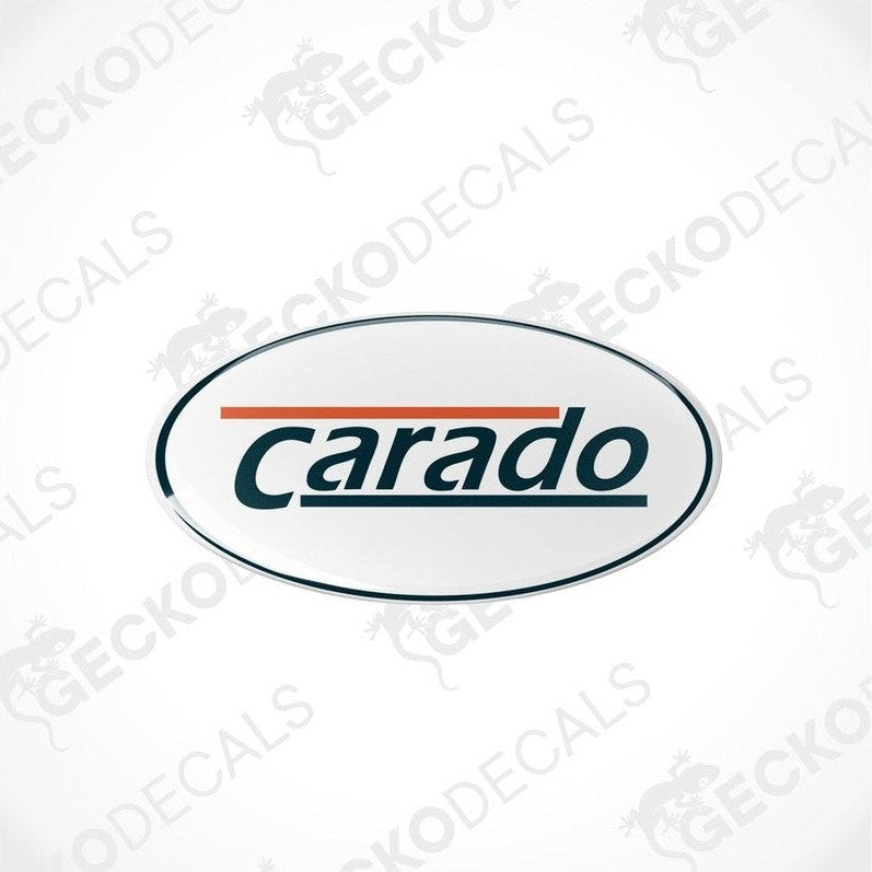 Two oval-shaped 'Carado' branded decals with a white background, blue and orange text, and a gray dome sticker pattern.