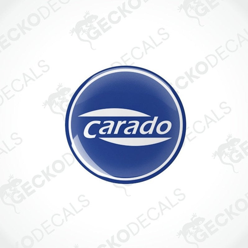 Two blue vinyl stickers with the word 'CARADO' printed in white.