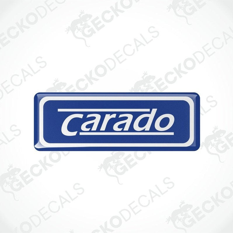 Two blue vinyl stickers with the word 'CARADO' printed in white.