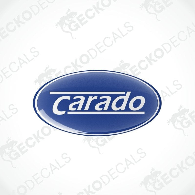 Two blue vinyl stickers with the word 'CARADO' printed on them.