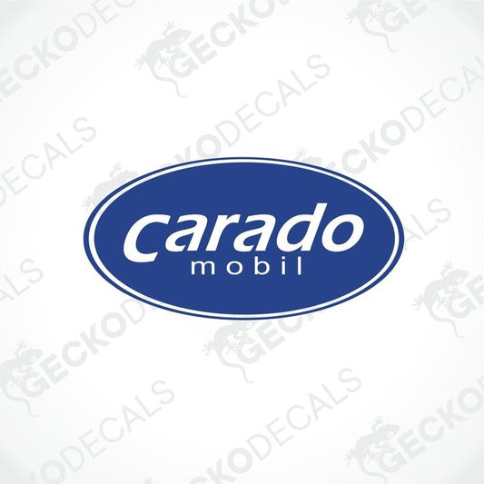 A blue and white vehicle decal with the text 'CARADO MOBIL' and a logo depicting a stylized 'C' inside a shield shape.