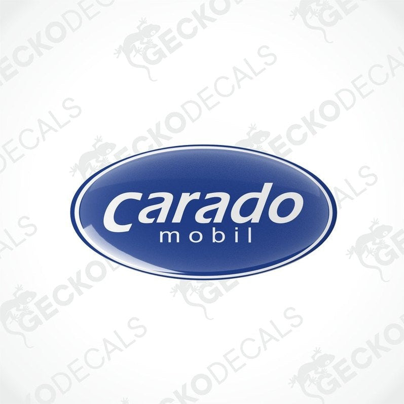Two blue vinyl stickers with the word 'CARADO' printed on them.