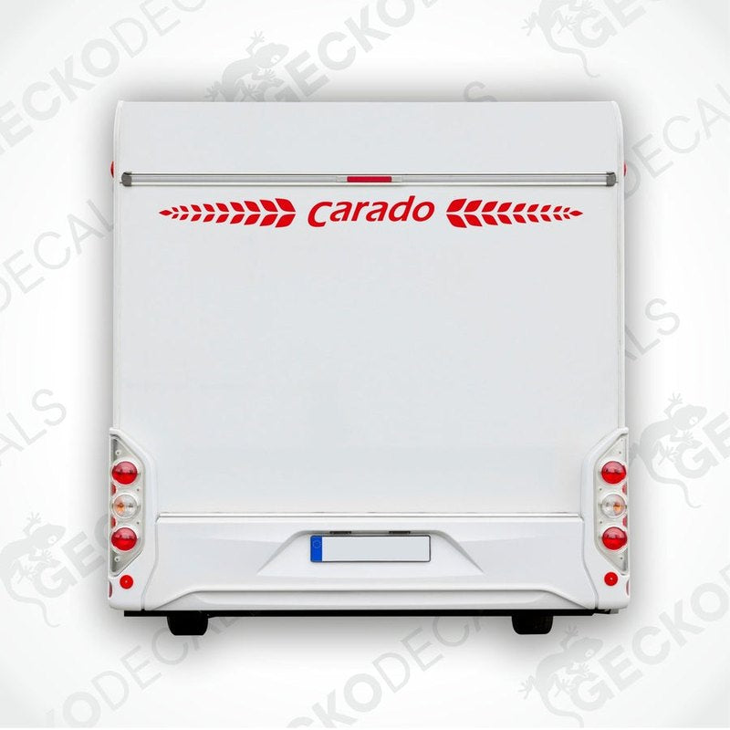 A white rear decal for a Carado caravan featuring the Carado logo in red and red decorative elements.