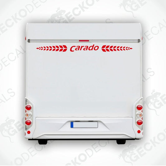 A white rear decal for a Carado caravan featuring the Carado logo in red and red decorative elements.