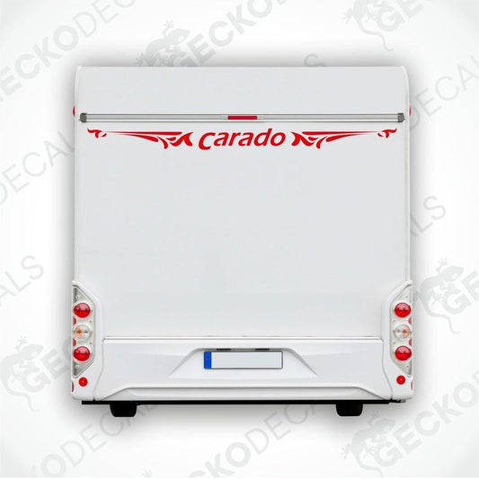 A white Carado brand caravan with a red and black decal on the rear side.