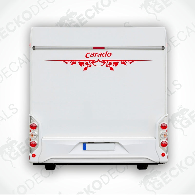 A white Carado caravan rear with a red decorative decal containing the brand name 'Carado' and a floral design.