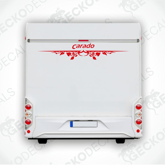 A white Carado caravan rear with a red decorative decal containing the brand name 'Carado' and a floral design.