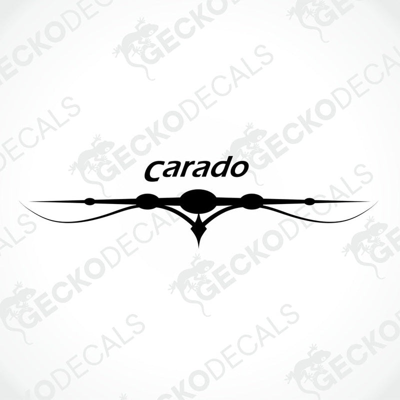 A white caravan with a red and white die cut sticker that reads 'Carado' on the rear side.