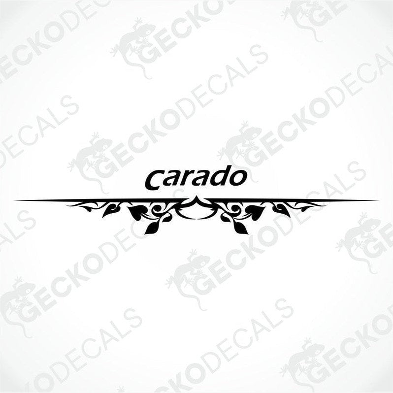 A white Carado caravan rear with a red decorative decal containing the brand name 'Carado' and a floral design.