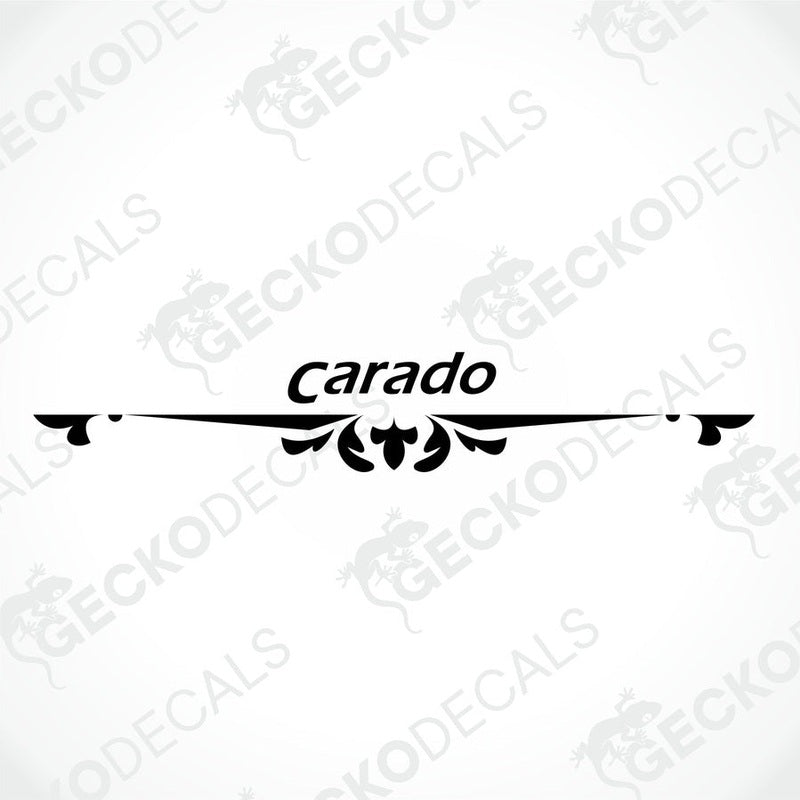 A white Carado brand decal for a caravan, featuring red and grey detailing and the brand name in a decorative font.