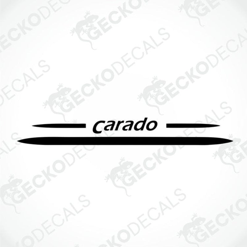 A white rear decal for a Carado caravan featuring the brand name in red lettering with a red line accent.