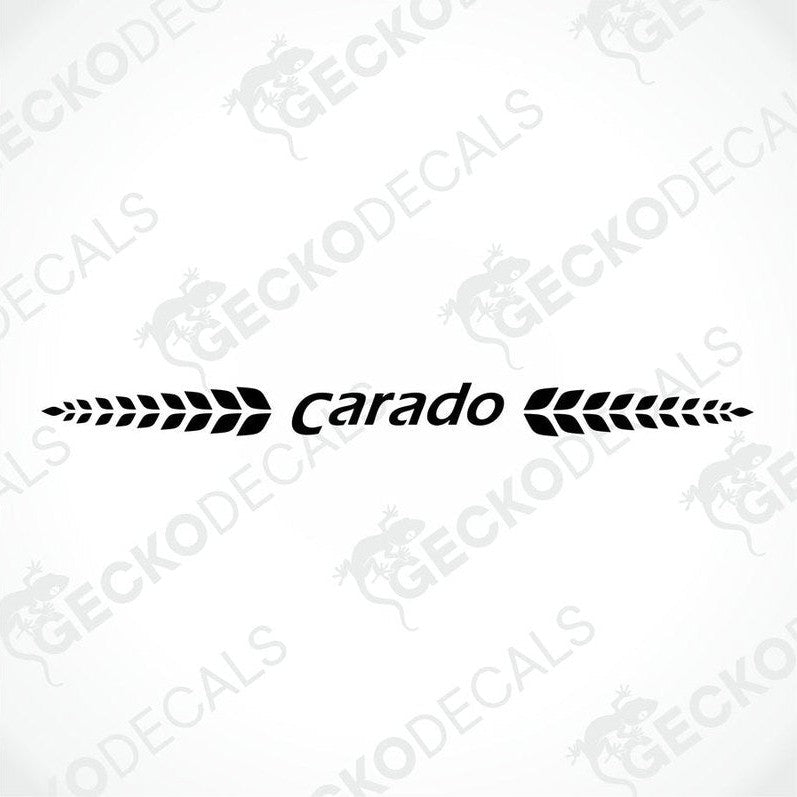 A white rear decal for a Carado caravan featuring the Carado logo in red and red decorative elements.