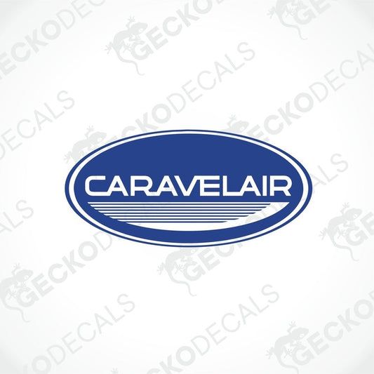 A printed and laminated sticker with the text 'CARAVELAIR' on a blue background with white accents.
