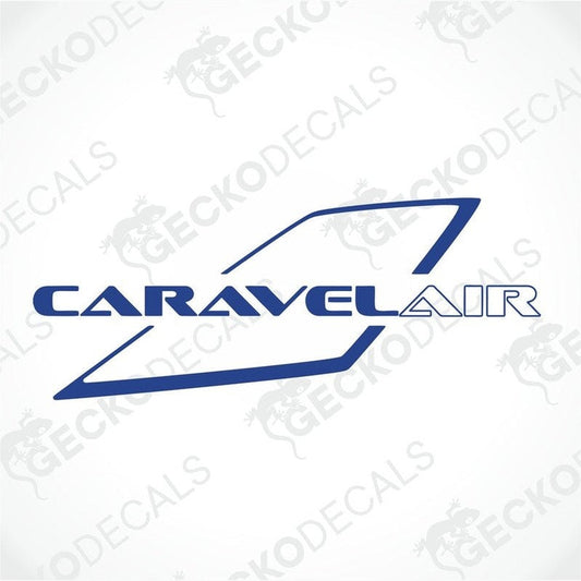 A blue and white die cut sticker with the brand name CARAVELAIR.