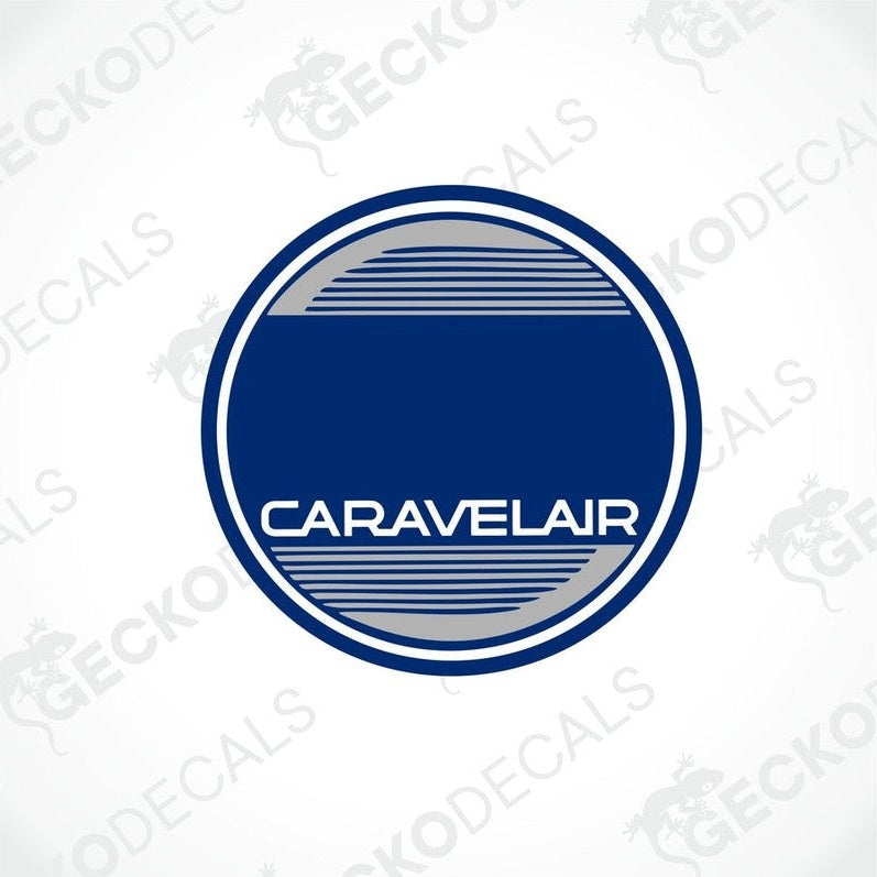 A blue, white, and gray Caravelair brand sticker from Gecko Decals.