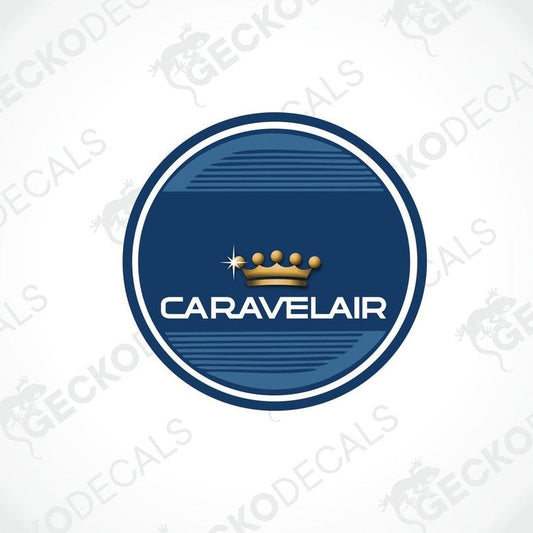 A round blue decal with the text 'CARAVELAIR' and a crown design above the text.