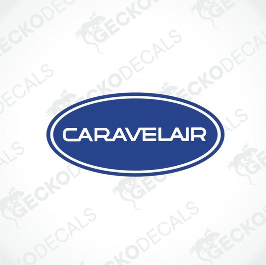 A blue and white sticker with the text 'CARAVELAIR' and a logo depicting a stylized 'C' within a shield-like border.
