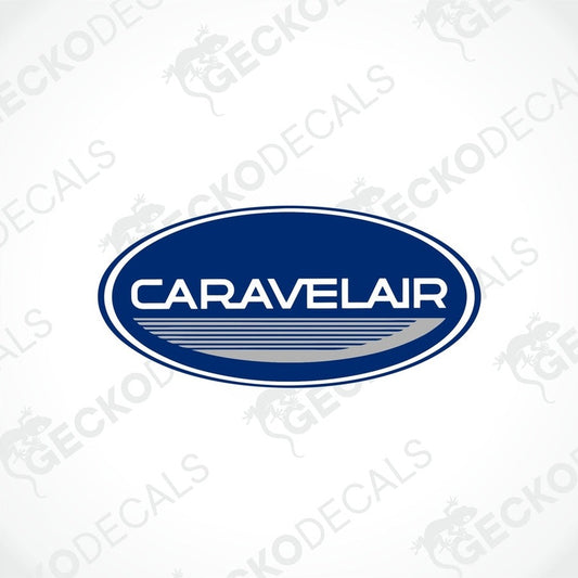 A blue, white, and gray Caravelair brand sticker from Gecko Decals.