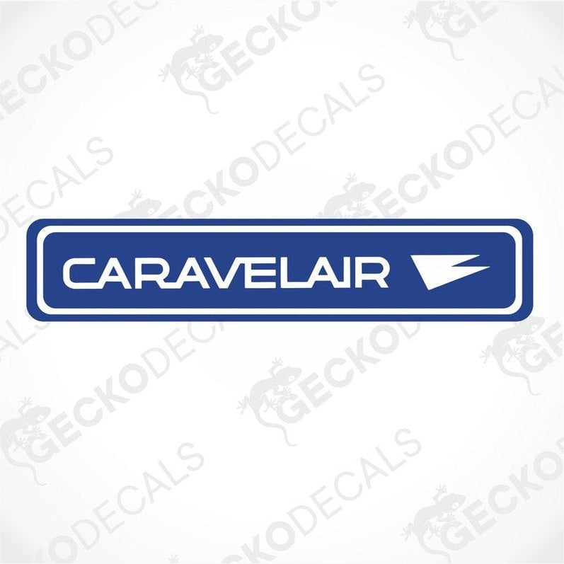 A blue and white sticker with the text 'CARAVELAIR' and a graphical element resembling a plane's tailfin.