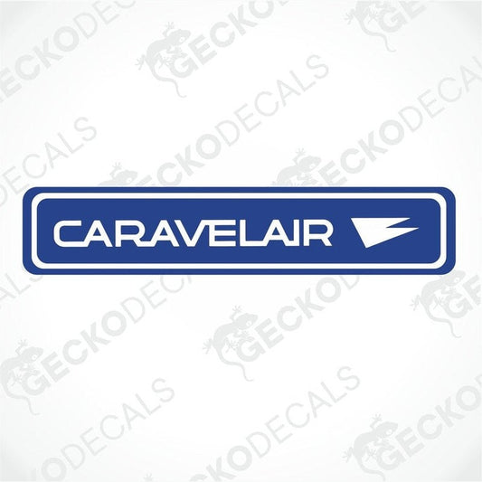 A blue and white sticker with the text 'CARAVELAIR' and a graphical element resembling a plane's tailfin.